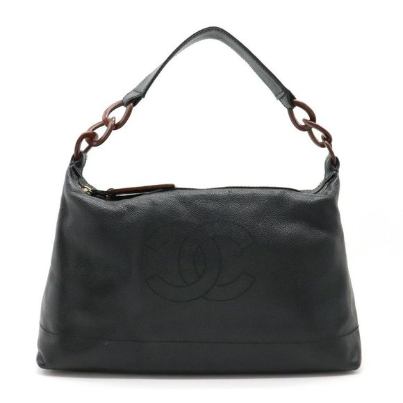 Chanel Wood Chain Shoulder Bag Shawl Caviar Skin Leather Black - Picture 1 of 7